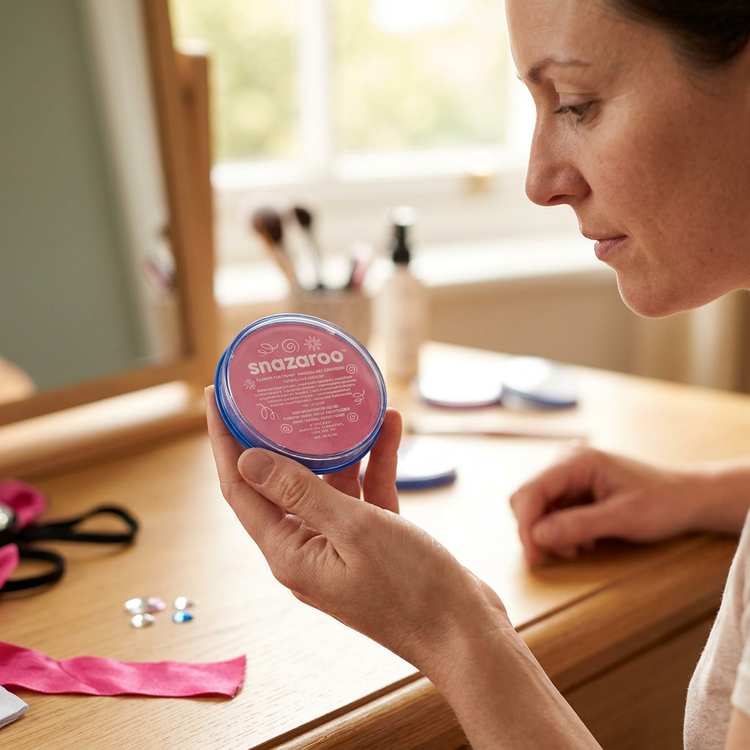 Adult holding and inspecting a Snazaroo Classic Pale Pink face paint pot at a dressing table