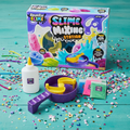 MYO Slime Mixing Station with colorful craft supplies on vibrant background