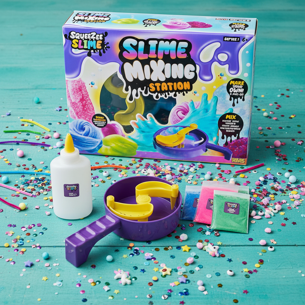 MYO Slime Mixing Station with colorful craft supplies on vibrant background
