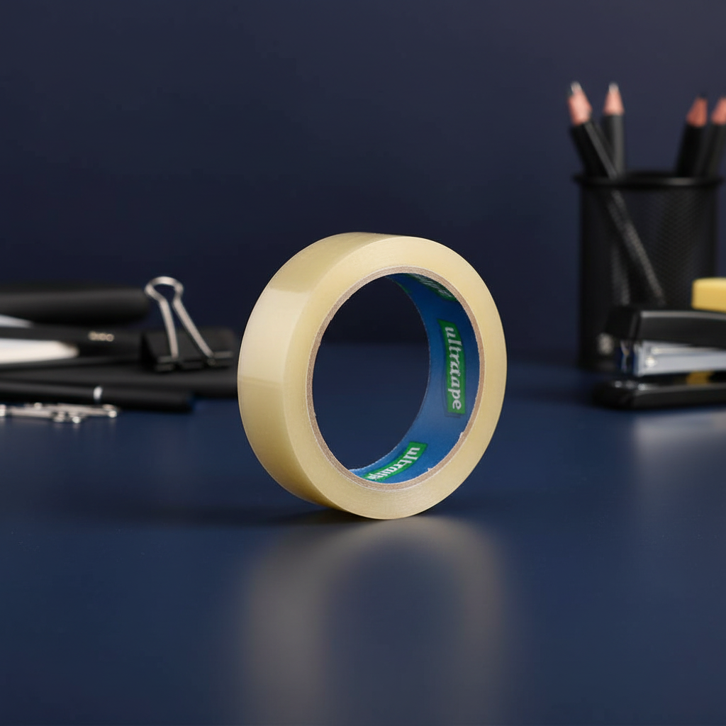 Ultratape clear adhesive packing tape 24mm x 40m product shot with premium dark background