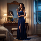 Elegant woman getting ready for an evening out, spritzing Immortal EDP perfume — warm confident lifestyle outcome scene