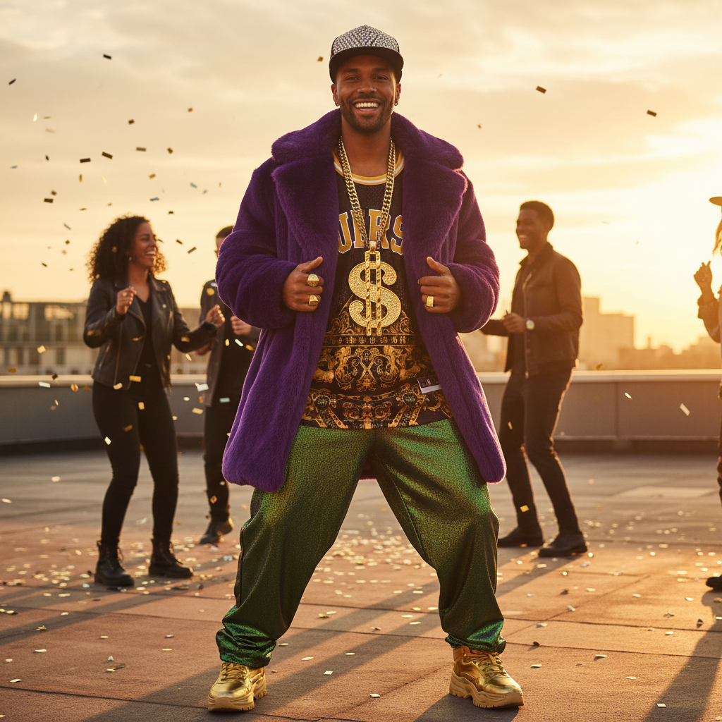 Person in hip-hop fancy dress costume wearing gold dollar medallion necklace, showing the confident finished look