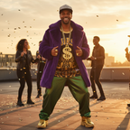 Person in hip-hop fancy dress costume wearing gold dollar medallion necklace, showing the confident finished look