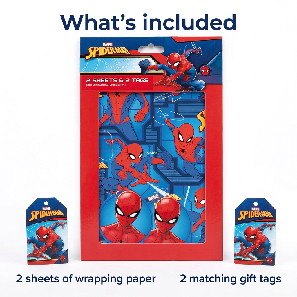 Spider-Man wrapping paper contents graphic showing the pack and two matching gift tags
