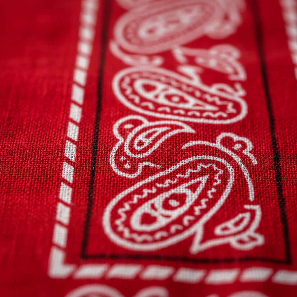 Extreme macro close-up of red and white paisley bandana fabric showing texture and print detail