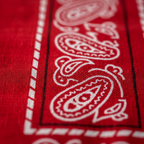 Extreme macro close-up of red and white paisley bandana fabric showing texture and print detail