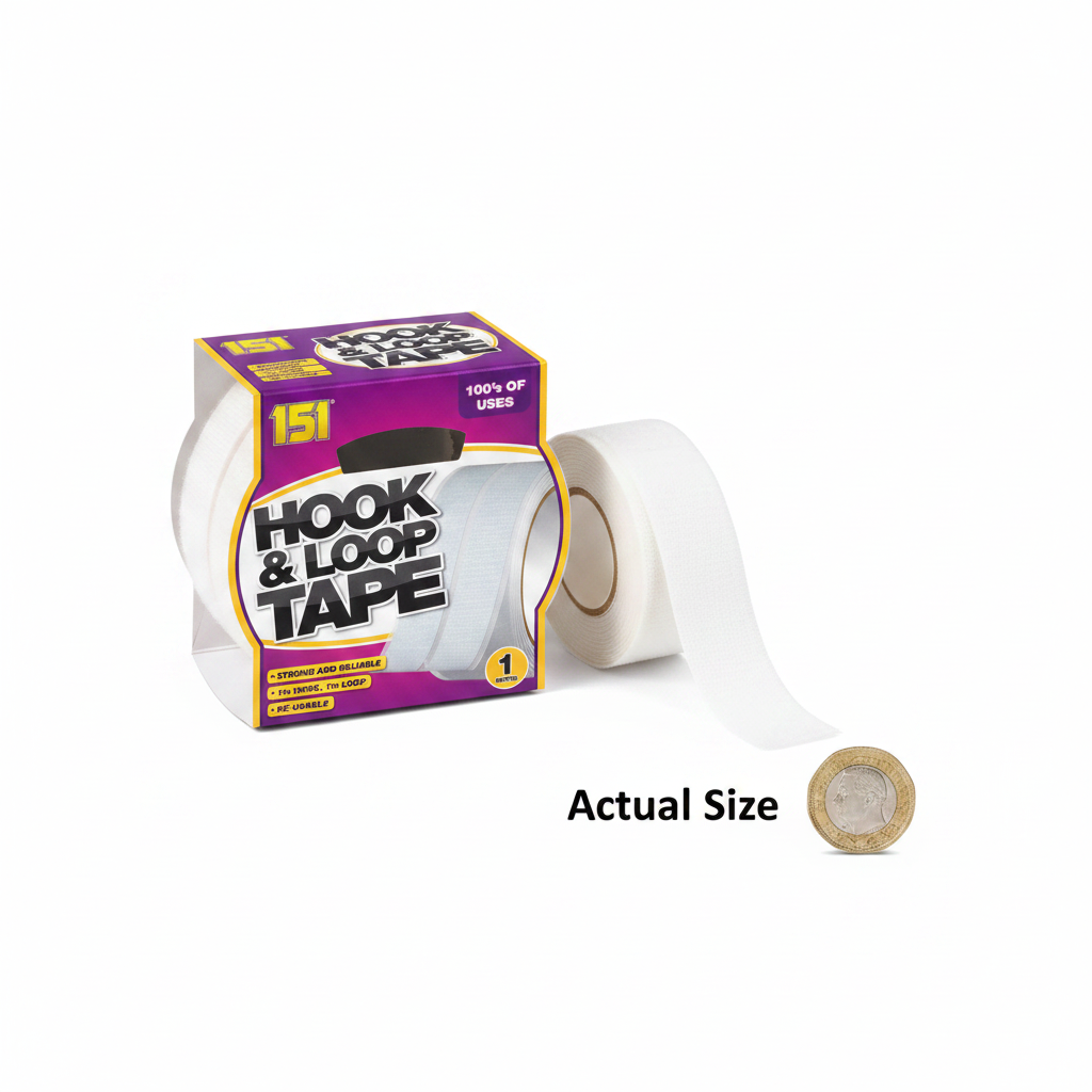 151 Hook and Loop Tape shown beside a UK £1 coin on white background to show scale and size