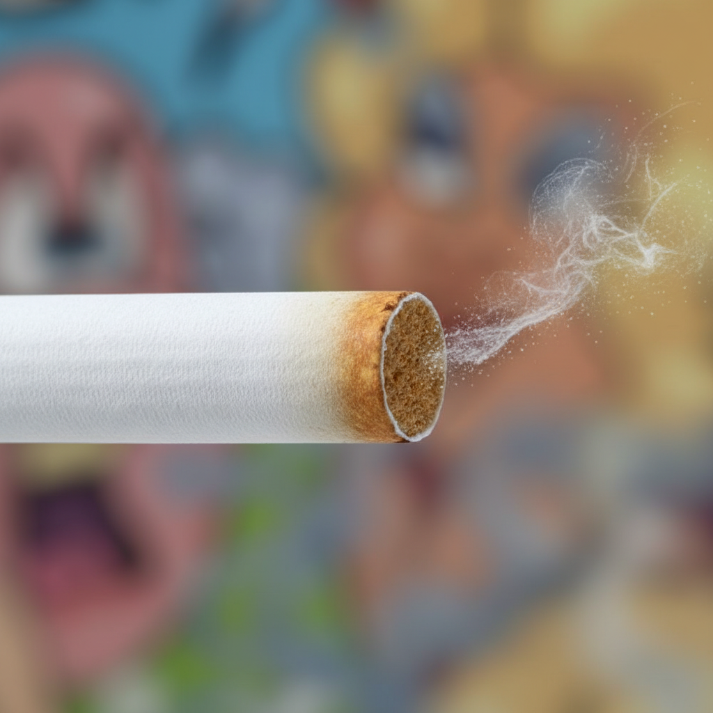 Extreme macro close-up of fake joke cigarette white body and tan filter tip with starch powder puff