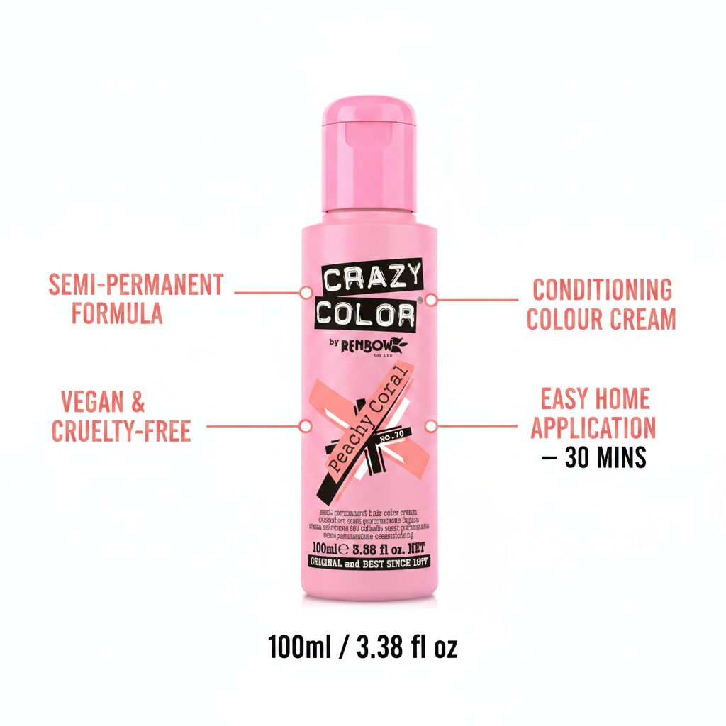 Crazy Color Peachy Coral Hair Dye 100ml feature infographic showing key benefits: vegan, cruelty-free, conditioning formula, easy application