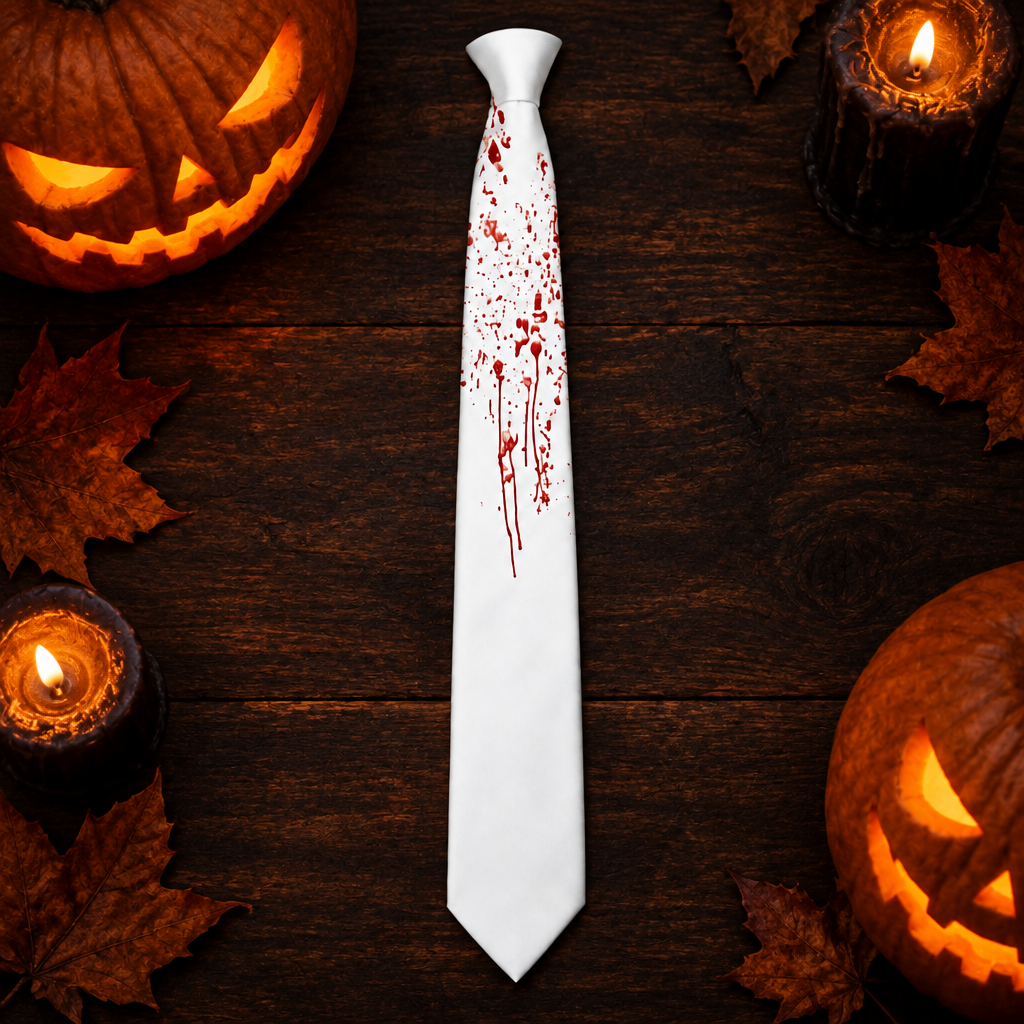 Blood stained white tie on dark wood with carved pumpkins, candles and autumn leaves