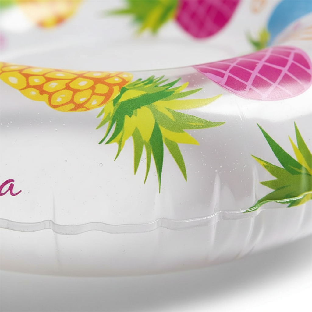 Extreme macro close-up of Intex swim ring vinyl surface showing vibrant pineapple print quality and texture