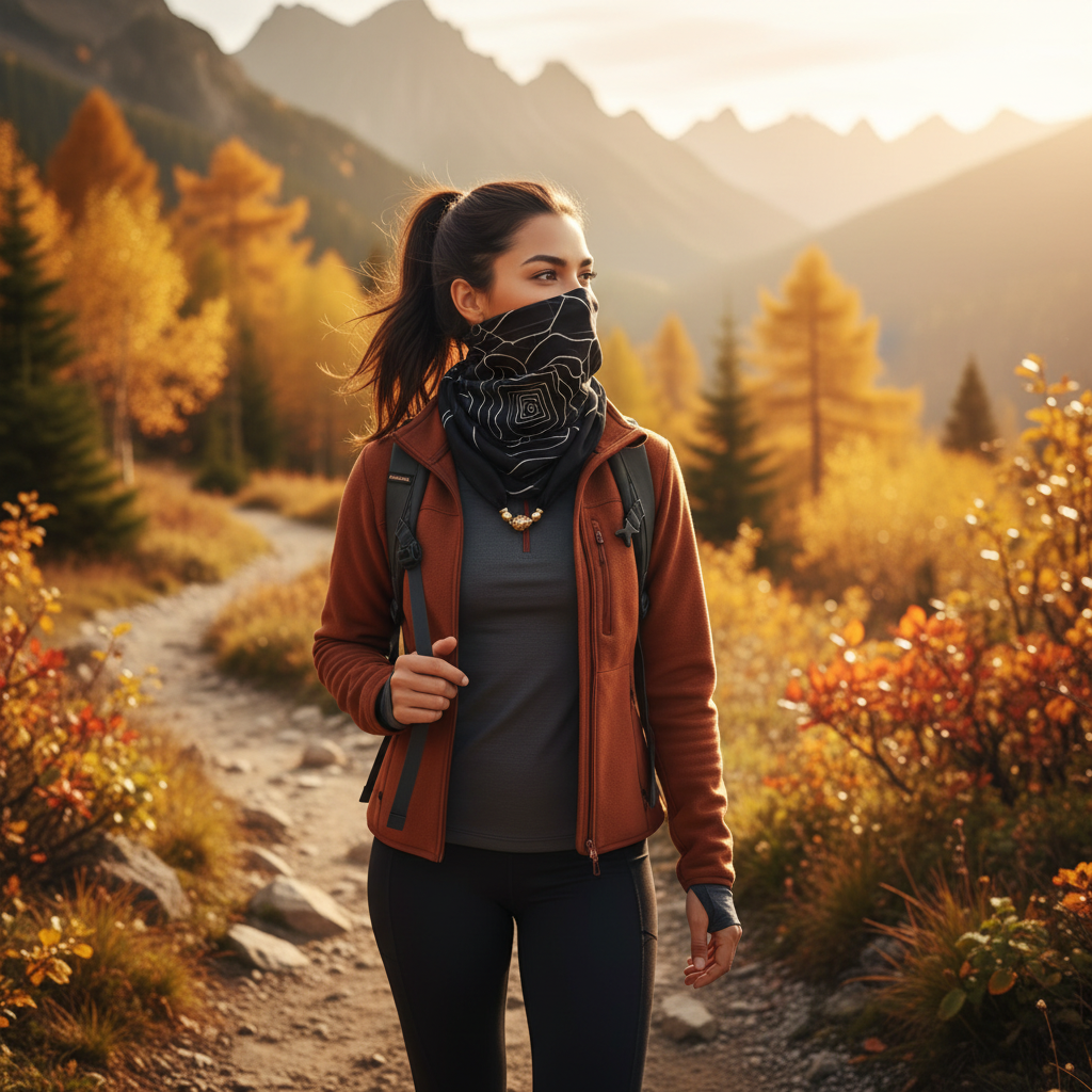 Woman wearing black striped neck gaiter scarf on an autumn mountain trail at golden hour