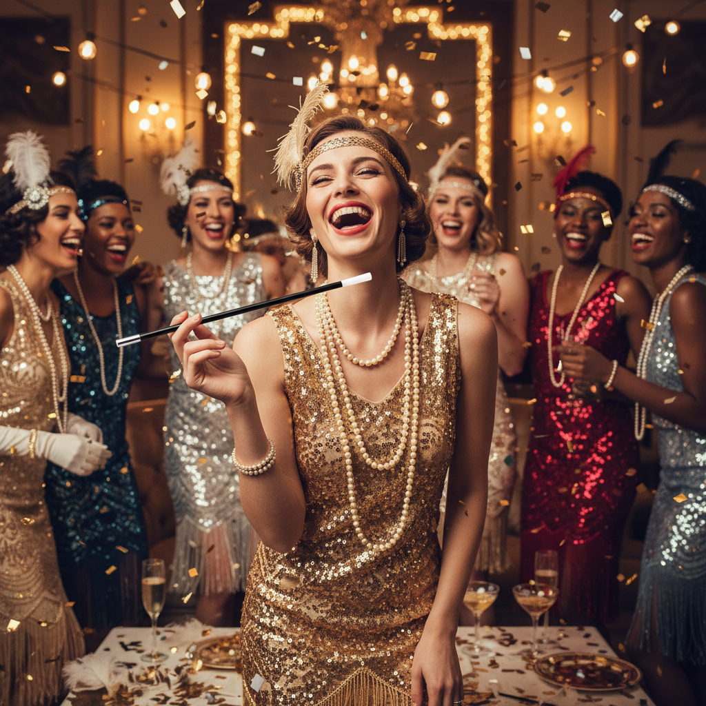 Group of women in 1920s fancy dress costumes celebrating with black cigarette holder