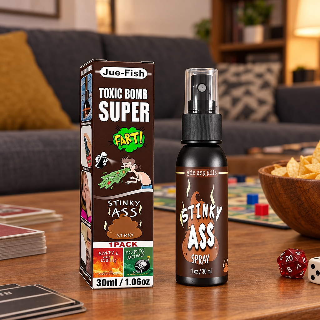 Toxic Bomb fart spray bottle and box on a wooden games-night table in a living room.