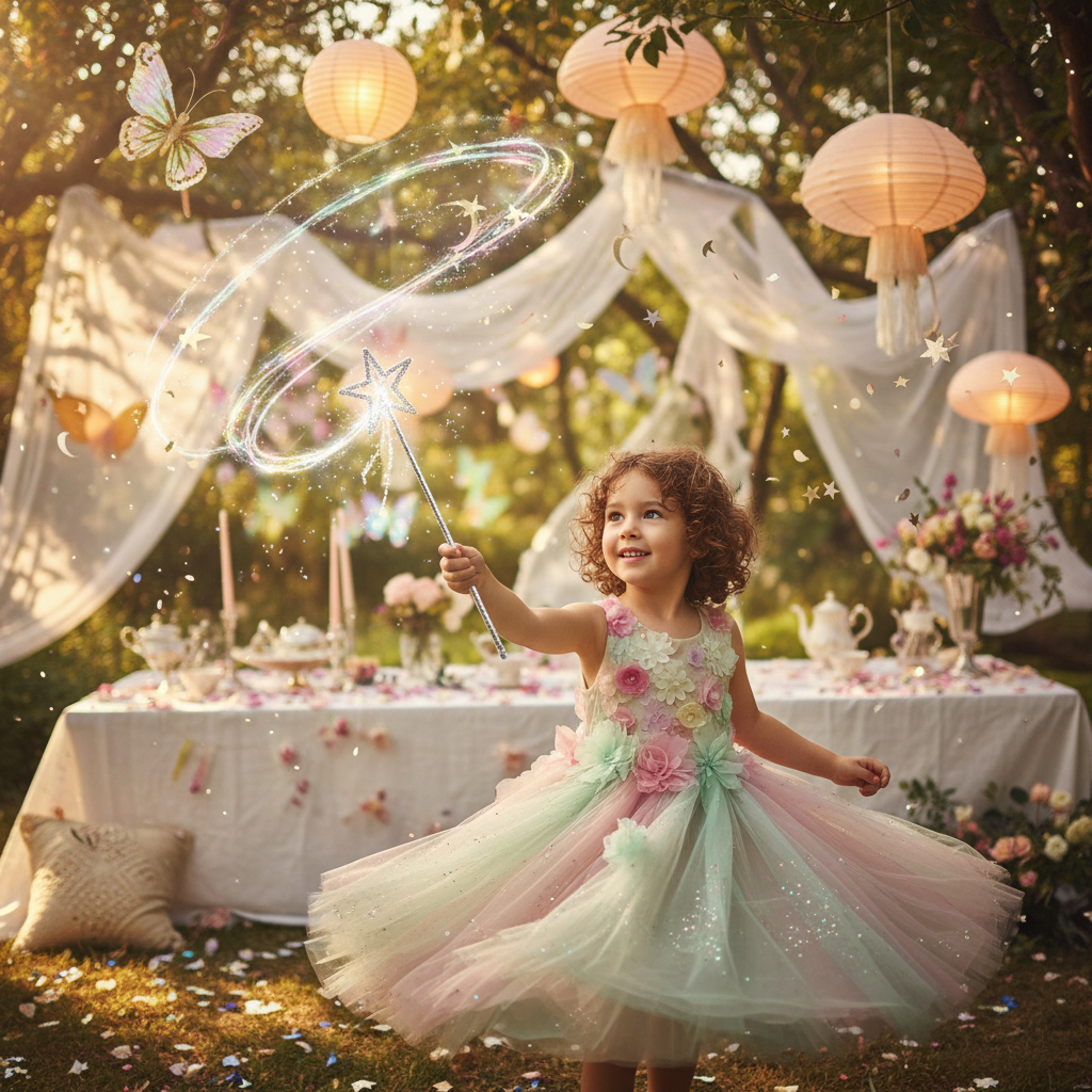Child casting magical spell with silver plastic fairy wand in enchanted garden setting - creative play and imagination