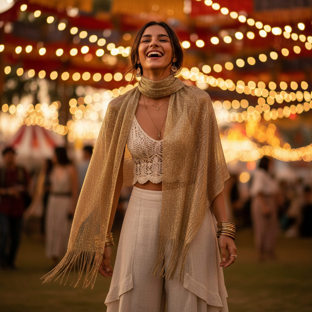Bohemian woman wearing a metallic gold fringe scarf at a golden hour outdoor festival, laughing candidly with warm bokeh lights