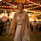 Bohemian woman wearing a metallic gold fringe scarf at a golden hour outdoor festival, laughing candidly with warm bokeh lights