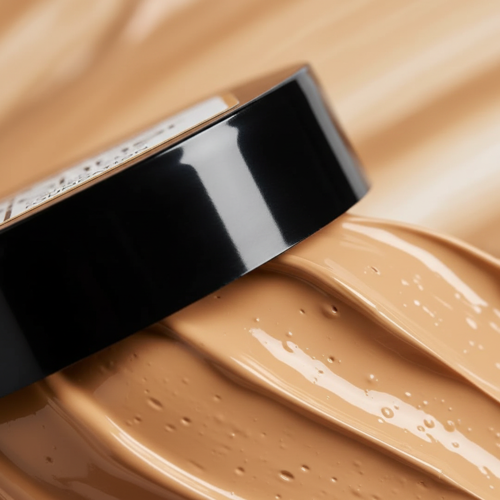 Extreme macro close-up of Leichner Camera Clear Tinted Foundation Blend of Biscuit cream texture and glossy black jar