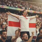 Football fan wearing England St George Cross wearable flag cape at stadium, arms outstretched cheering