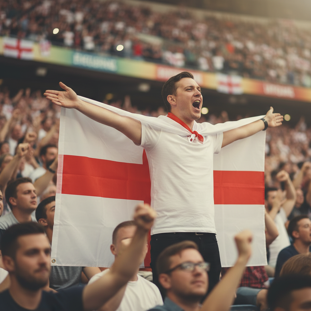 Football fan wearing England St George Cross wearable flag cape at stadium, arms outstretched cheering
