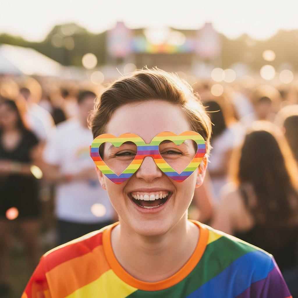 Person wearing heart-shaped rainbow cardboard novelty glasses laughing at Pride festival, candid lifestyle shot with bokeh background