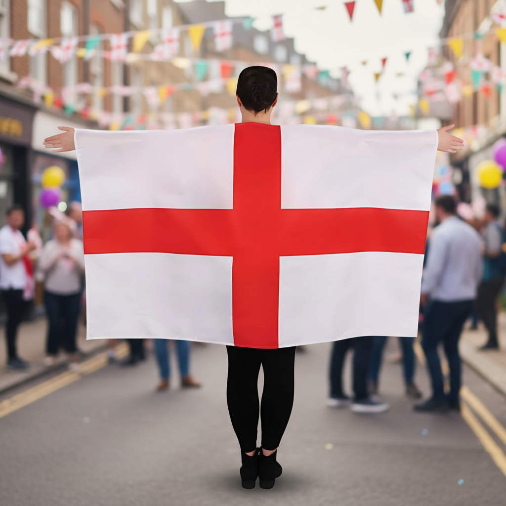 Fan wearing England wearable flag cape at outdoor street party celebration with festive bunting