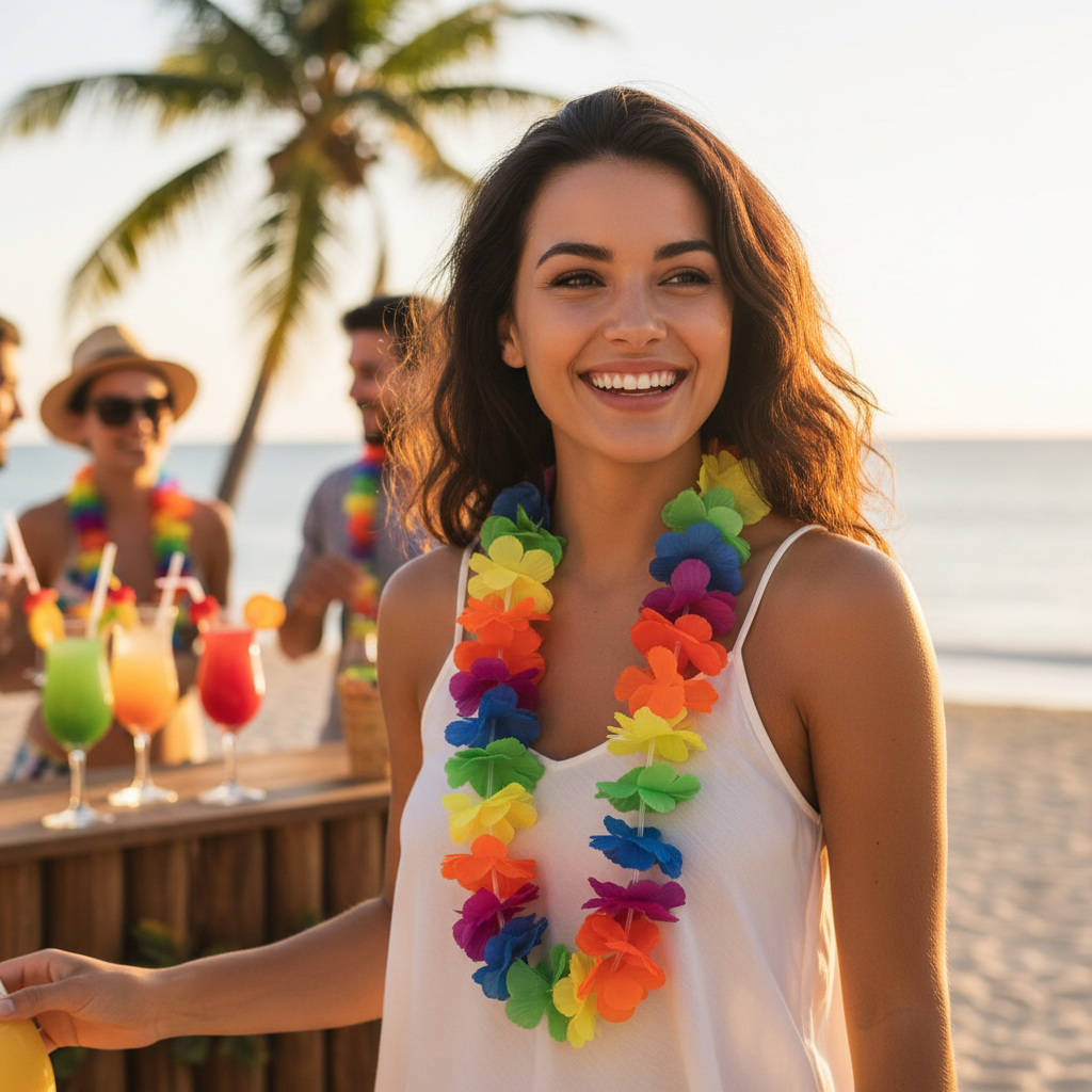 Woman wearing rainbow flower lei at sunny beach party golden hour