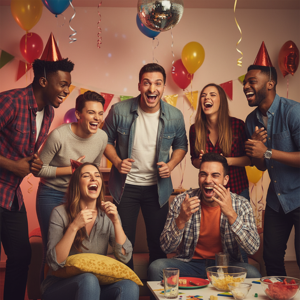 Group of friends laughing hysterically at person wearing Long Nose Liar Pinocchio mask — star of the party