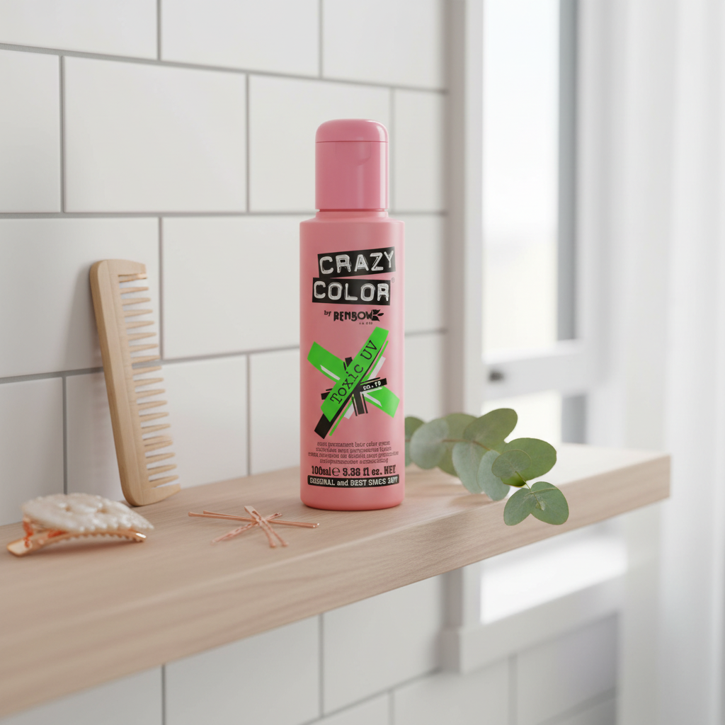 Crazy Color Toxic UV Green Hair Dye 100ml styled on a bathroom shelf with comb, hair clips and eucalyptus, natural window light