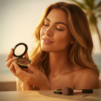 Aspirational golden hour beauty scene with W7 The Bronzer Matte Bronzing Powder Compact, woman with sun-kissed bronzed glow in warm cinematic light