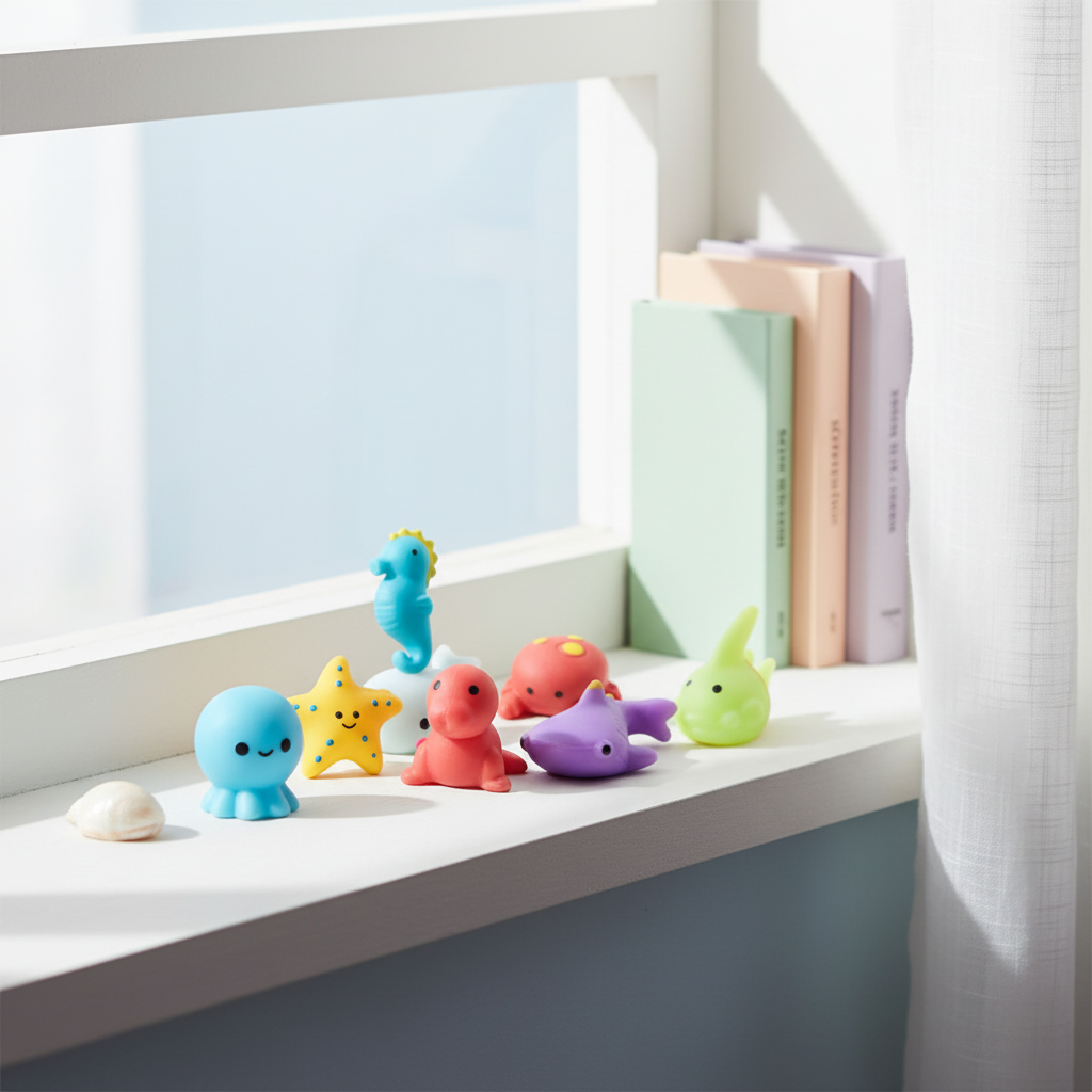 Colourful squishy sealife toys displayed on a child's bedroom shelf in natural window light