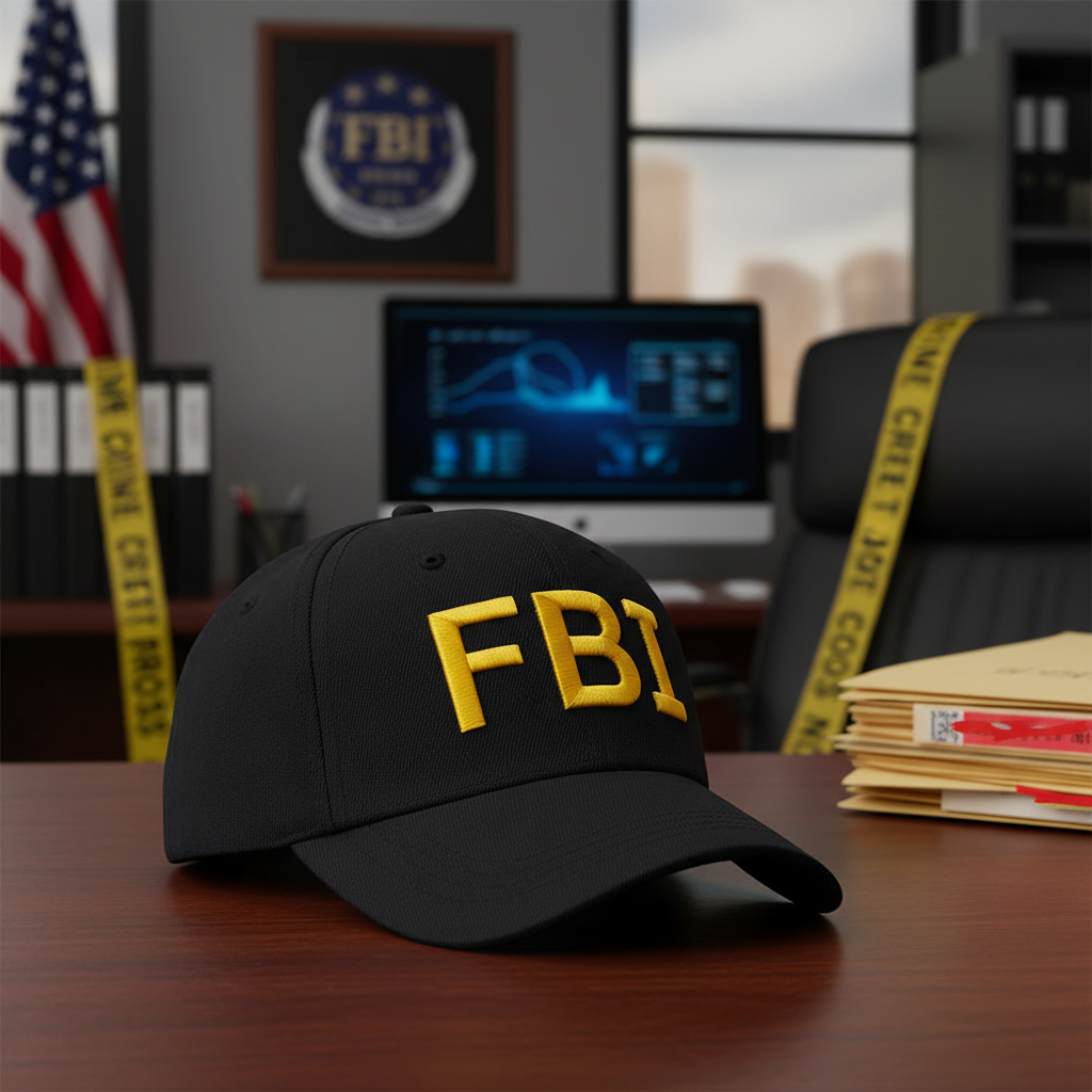 Black FBI cap with yellow FBI lettering on law enforcement background