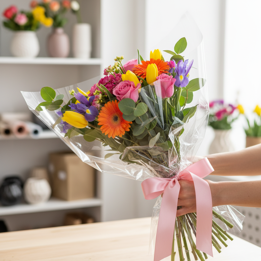 Close-up of hands wrapping a flower bouquet in clear cellophane with pink satin ribbon