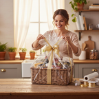 Woman wrapping a gift hamper with clear cellophane wrap and gold ribbon at home
