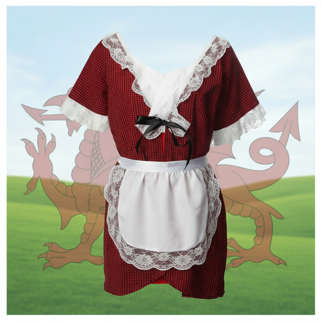 Traditional Welsh child costume in red checked fabric with white lace trim, apron and black ribbon for ages 11-12 years
