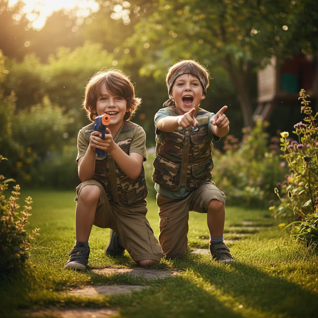 Two boys playing outdoor SWAT mission game with navy blue cap revolver toy gun, golden hour light