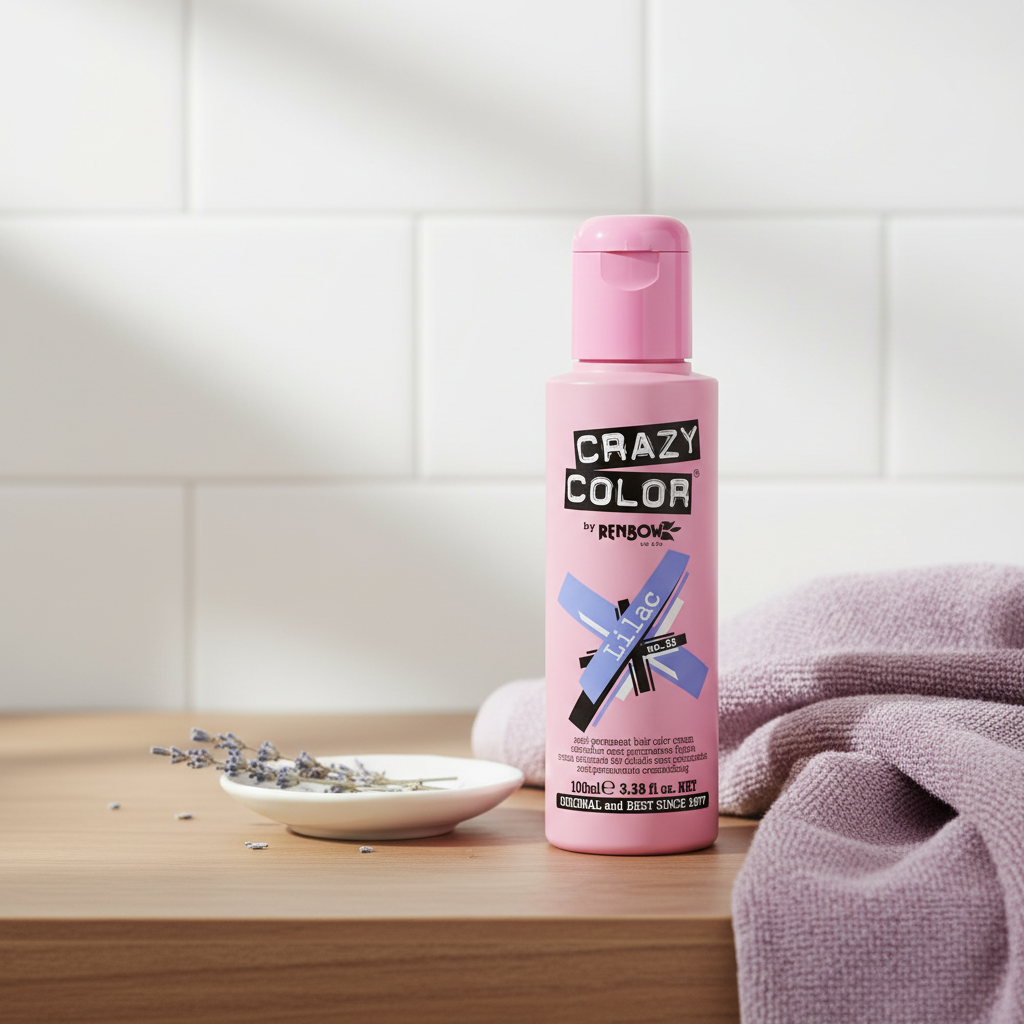 Crazy Color Lilac No.55 hair dye bottle styled on a bathroom vanity with lavender props and soft natural window light
