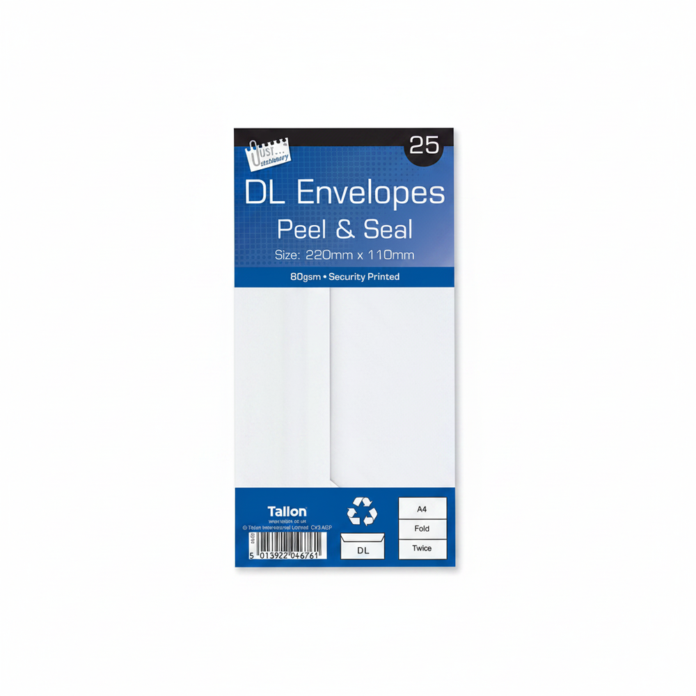 Tallon White DL Peel & Seal Envelopes 25 Pack on pure white background, studio hero shot