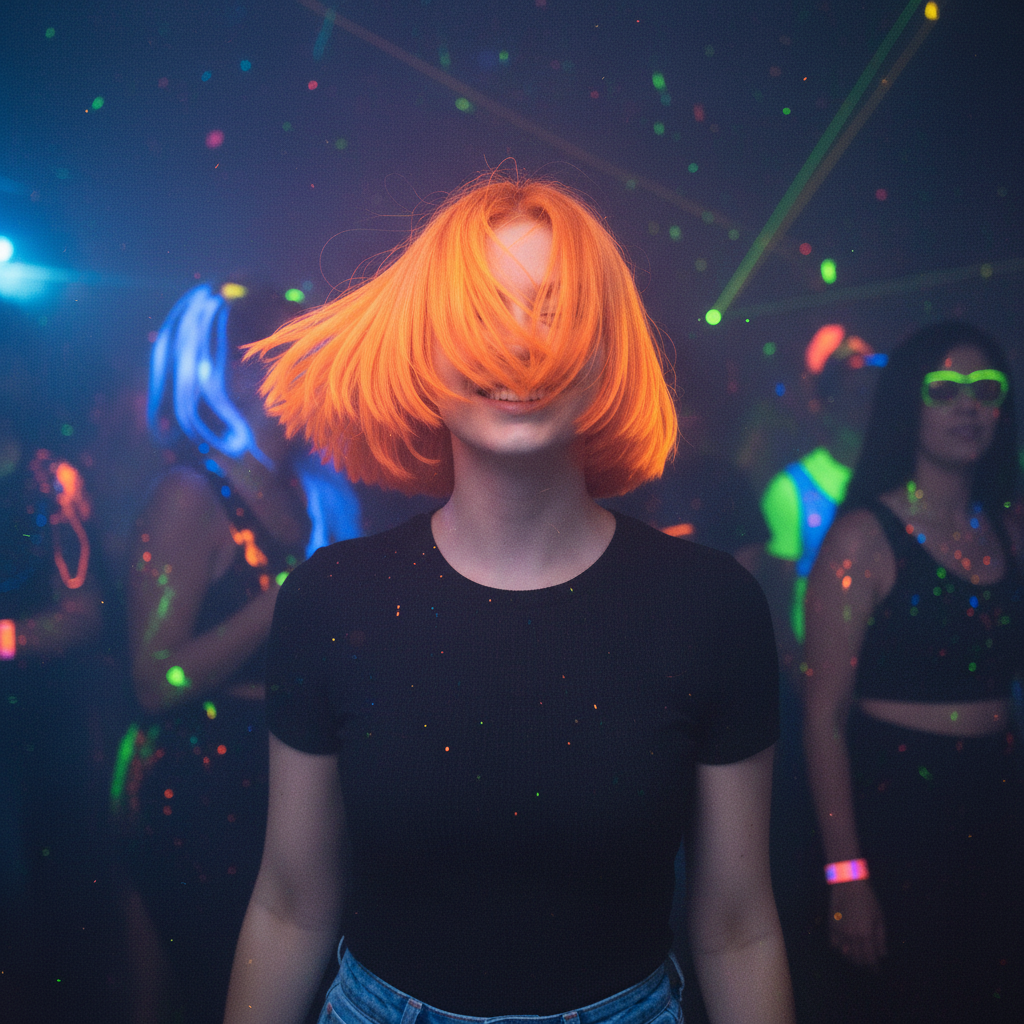 Person with glowing fluorescent orange hair at neon rave party - Party Success UV reactive hair spray results