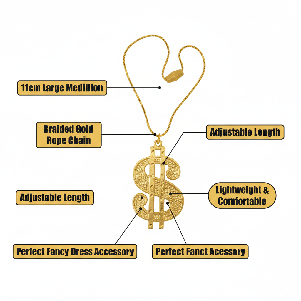 Gold dollar medallion necklace feature infographic showing 11cm size, braided chain, embossed finish, lightweight design and fancy dress use
