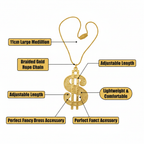 Gold dollar medallion necklace feature infographic showing 11cm size, braided chain, embossed finish, lightweight design and fancy dress use