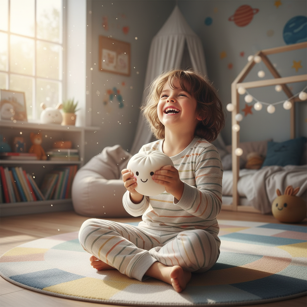 Happy child playing with Squishy Dumpling Toy 8.5cm on bedroom floor