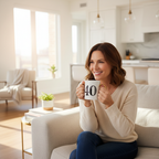 Woman in her 40s enjoying morning coffee from Art Deco Age 40 gift mug