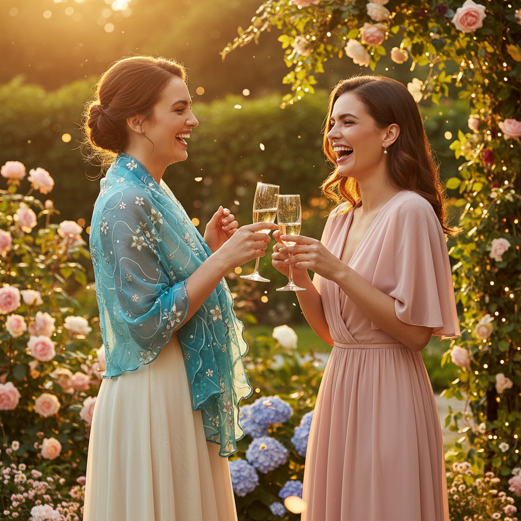 Two women at a summer garden party, one wearing a teal floral chiffon scarf with scalloped edges as a wrap, celebrating with champagne