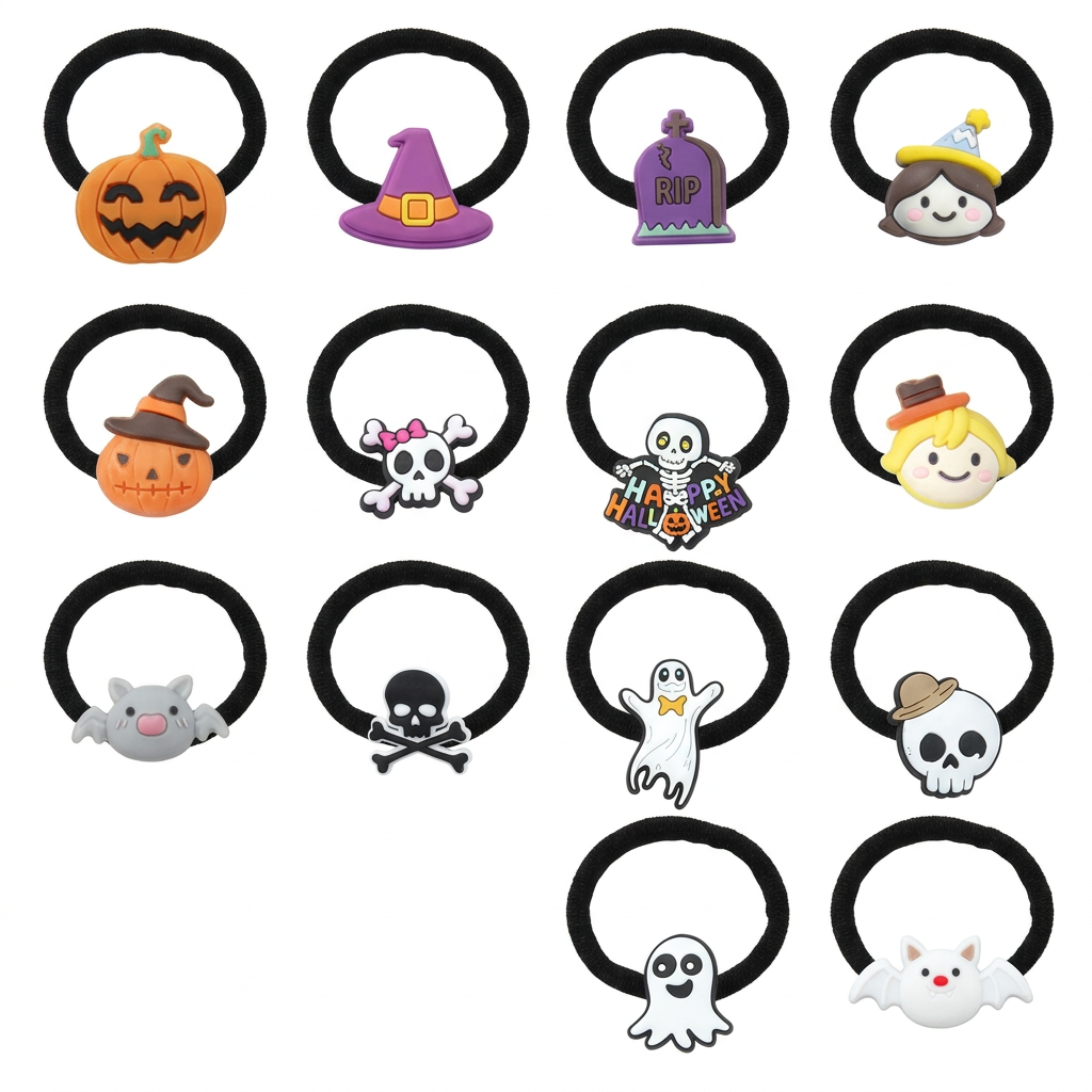 Fourteen Halloween hair bobbles with black bands arranged on a white background