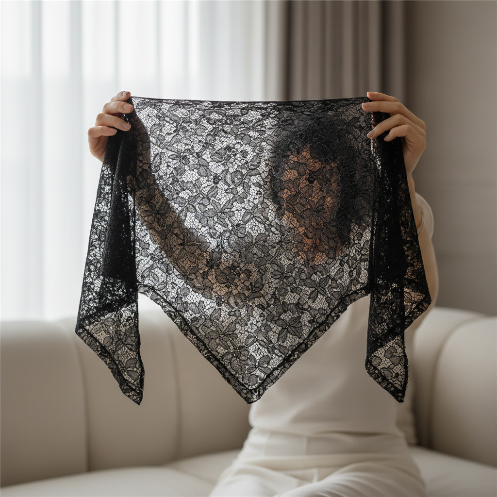 Close-up of elegant hands holding black triangle lace scarf showing fine intricate lace detail in natural window light