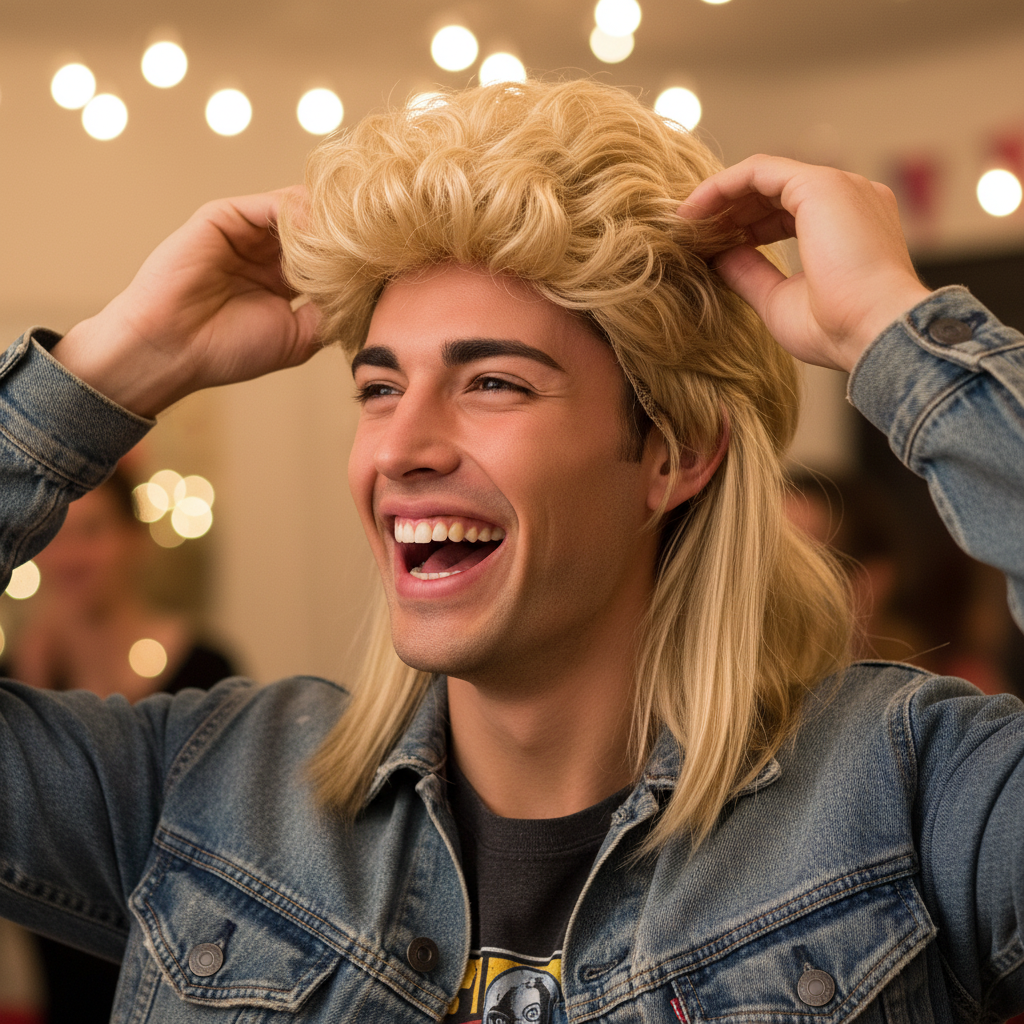 Man putting on a blonde 1980s mullet wig, candid laughing moment, 85mm bokeh background, warm colour grade