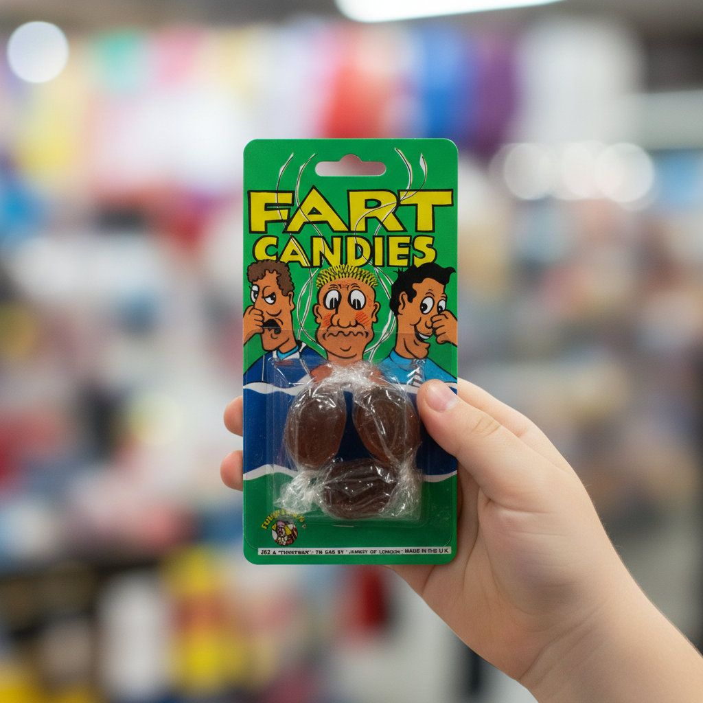 Child's hand holding up Funnyman Fart Candies bright green blister card packaging close-up showing brown sweets