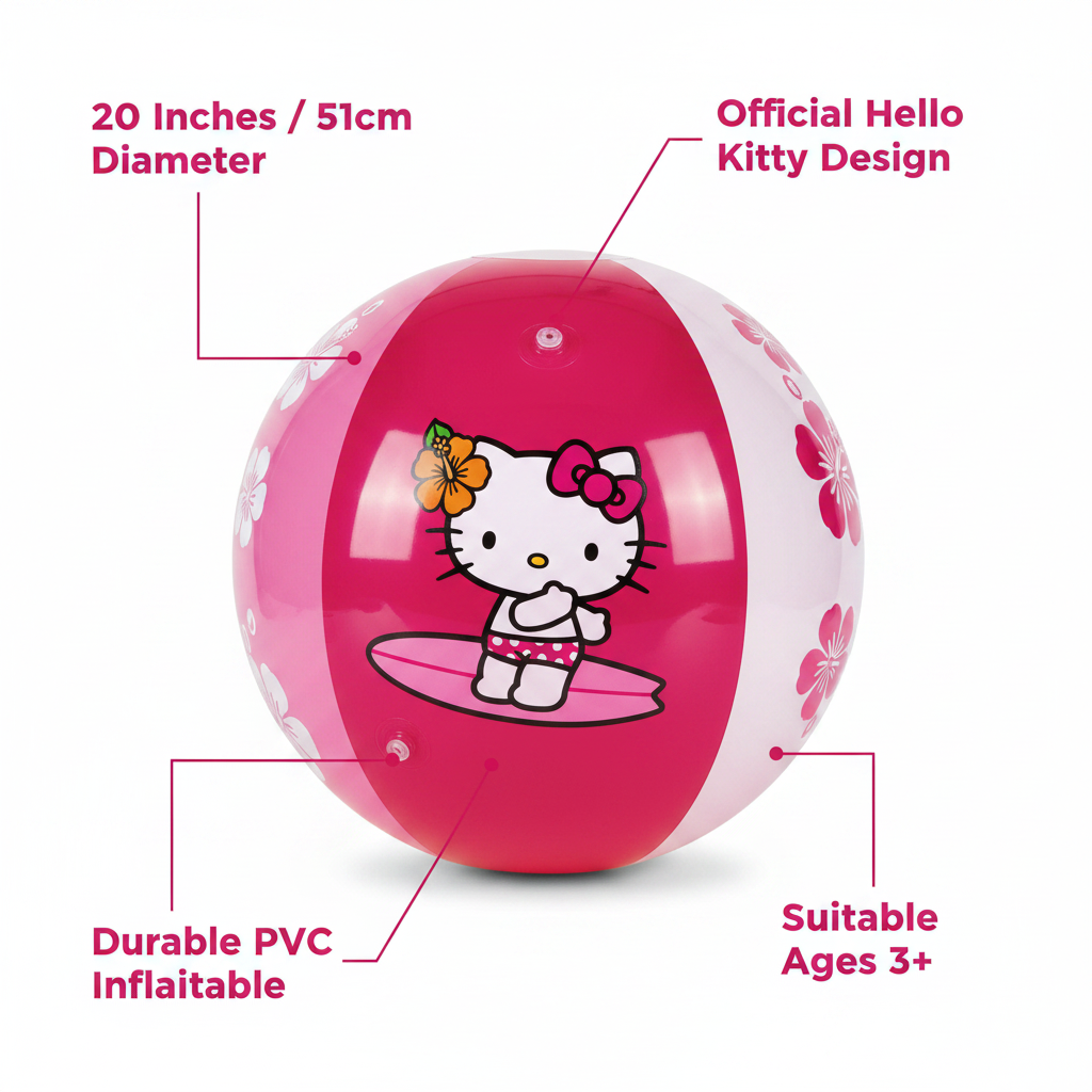 Hello Kitty pink beach ball 20 inch feature infographic showing key product callouts