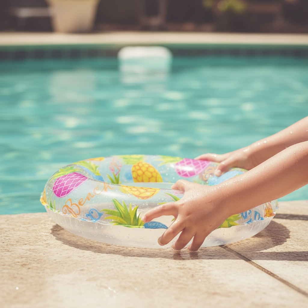 Child's hands gripping colourful Intex inflatable swim ring at pool edge — candid authentic moment with bokeh background